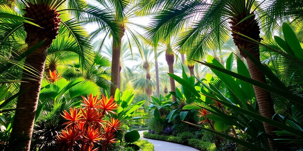 Jardins luxuriants de Bouknadel avec palmiers et plantes tropicales.
