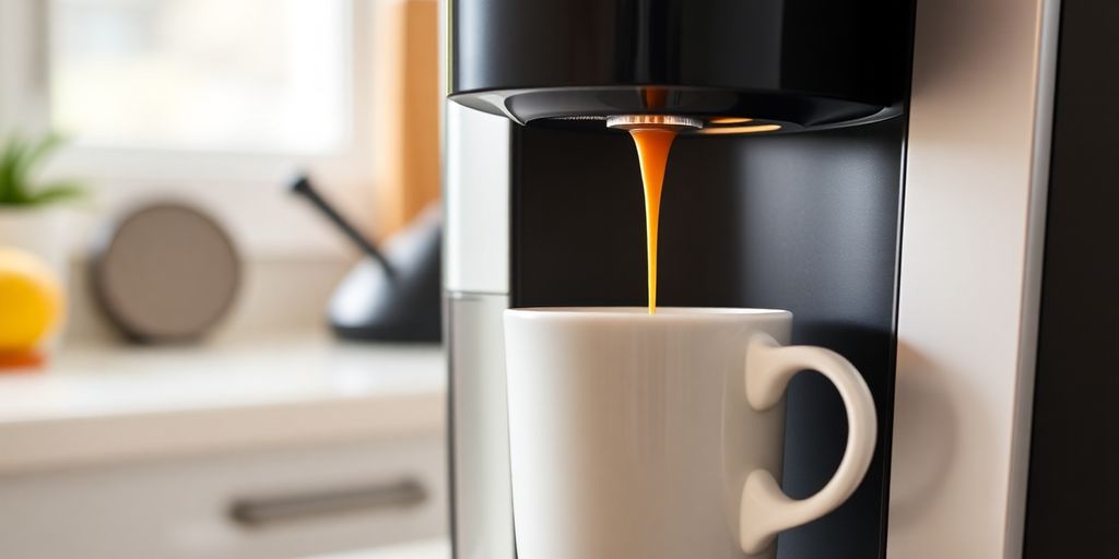Keurig espresso machine brewing coffee in a bright kitchen.