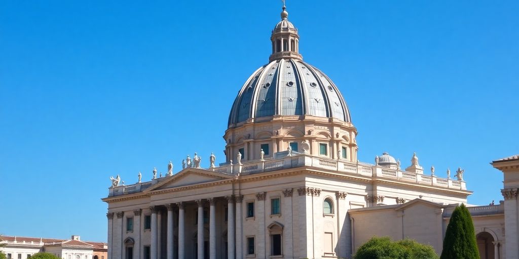 St. Peter's Basilica under a clear blue sky.
