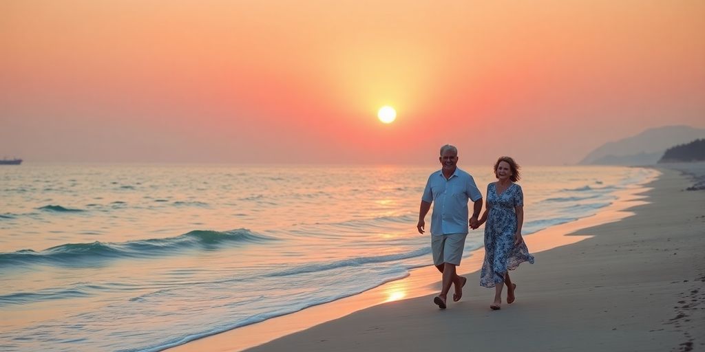 Couple walking on beach during sunset, symbolizing retirement bliss.