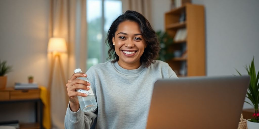 Person happily reviewing products at home.