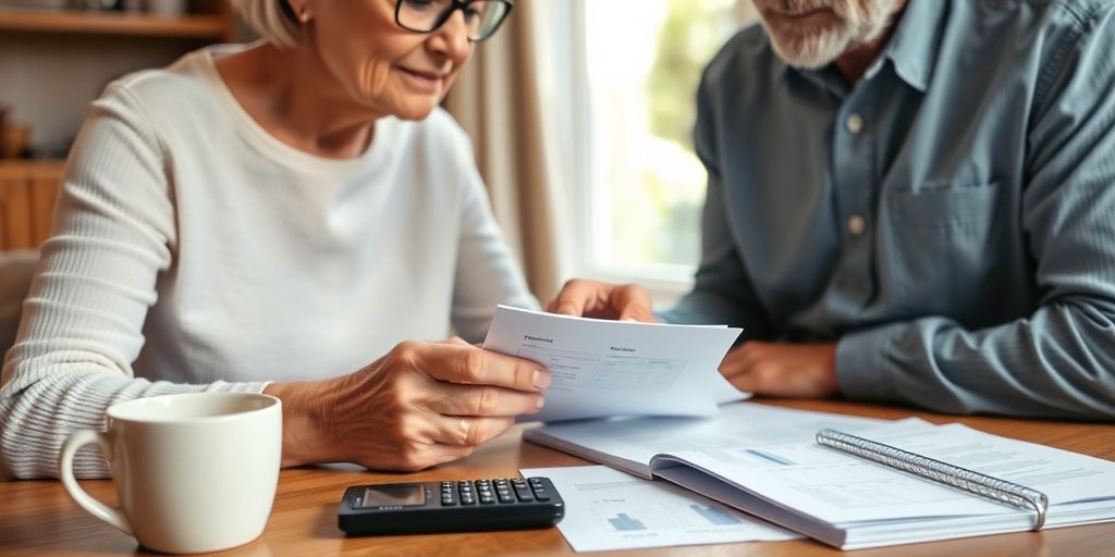Older couple discussing retirement options at a table.