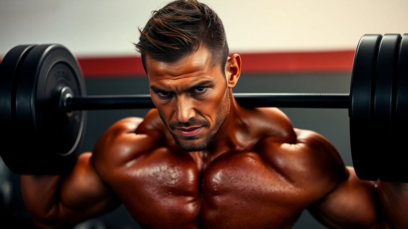 Muscular man lifting heavy barbell in gym