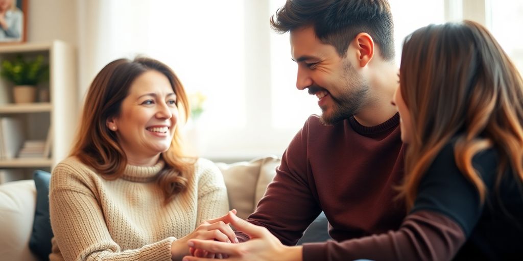 Two people connecting warmly with smiles.