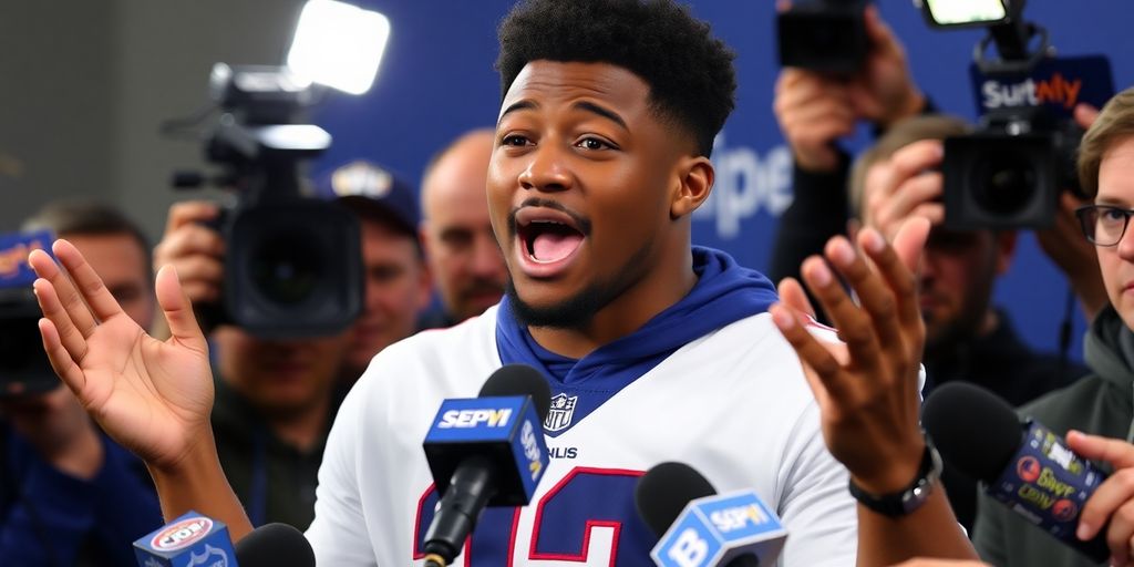 Saquon Barkley speaks at a press conference after the Super Bowl.