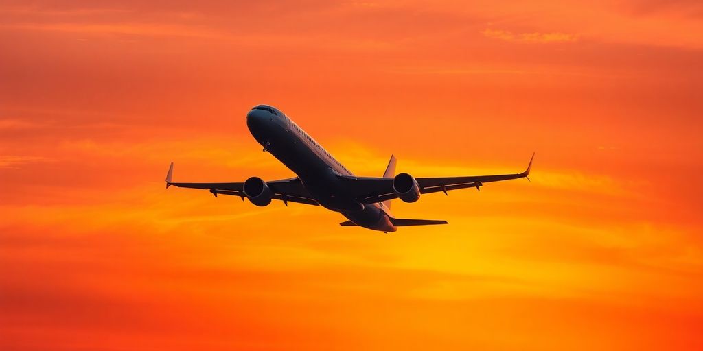 Plane taking off at sunrise