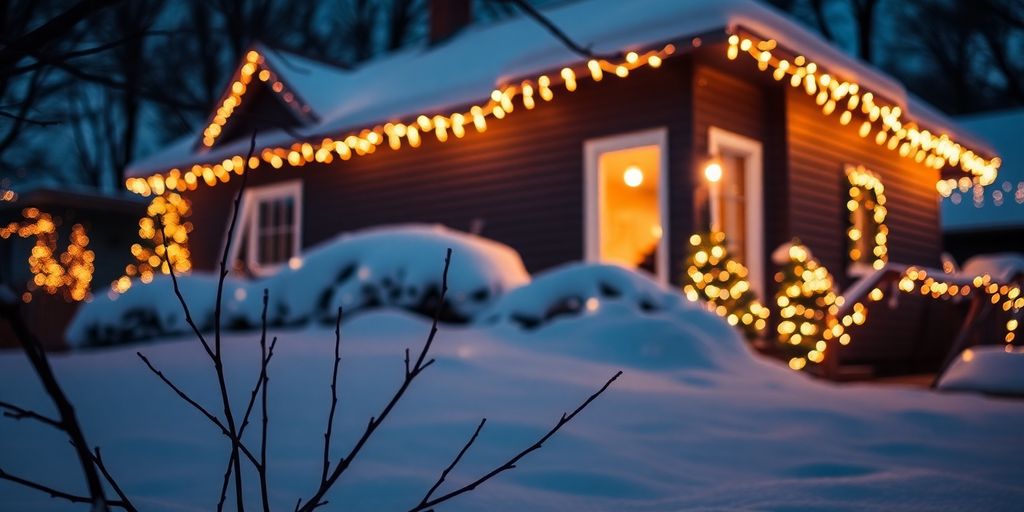 Well-lit house, snowy roof, festive glow