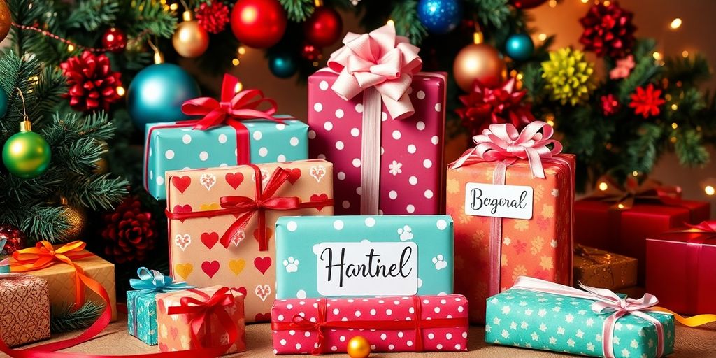 Colorful personalized gifts arranged with festive decorations.