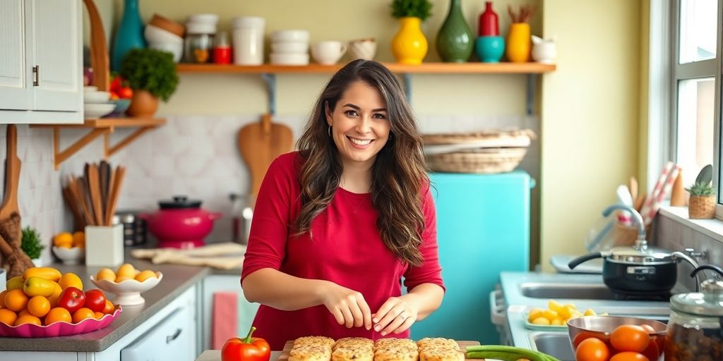 Mulher feliz cozinhando em uma cozinha acolhedora.