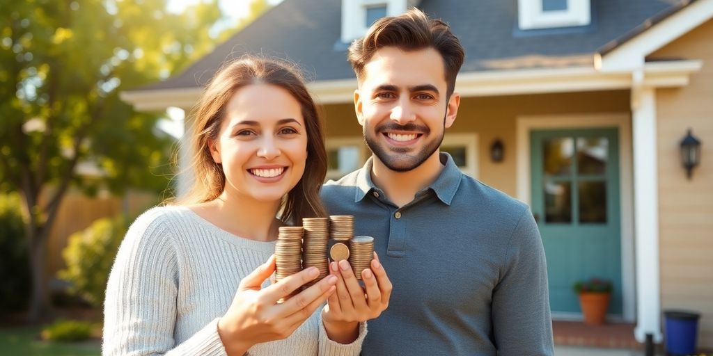 Couple looking at dream house with savings.