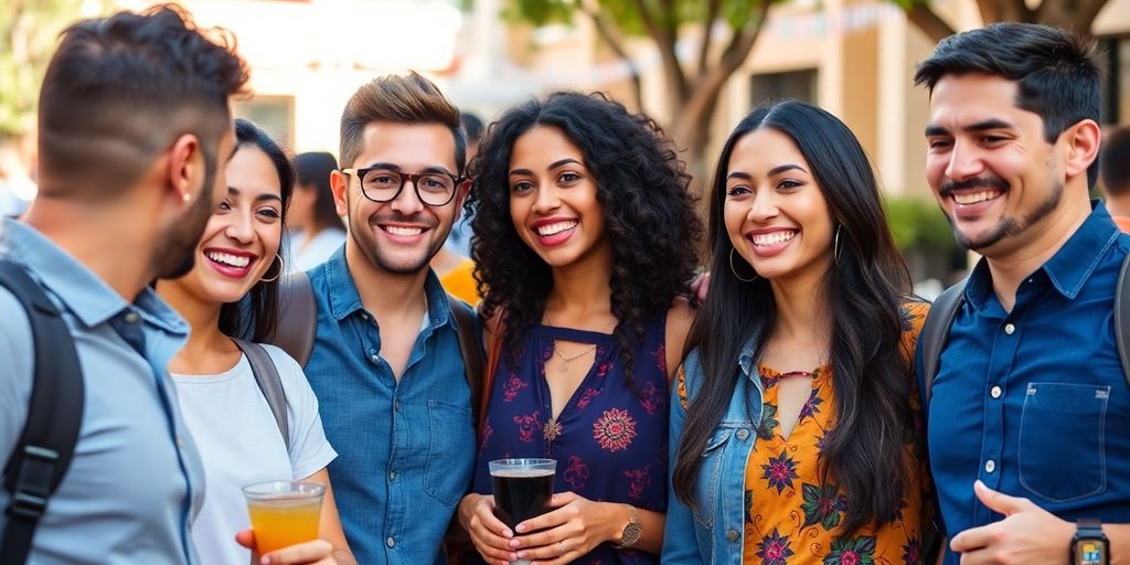 Diverse people engaging in conversation outdoors.
