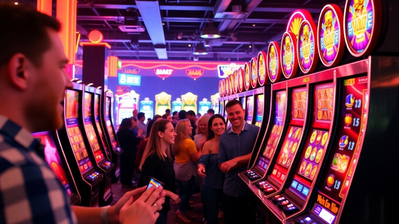 ภาพผู้คนกำลังเล่นสล็อตอย่างสนุกสนาน