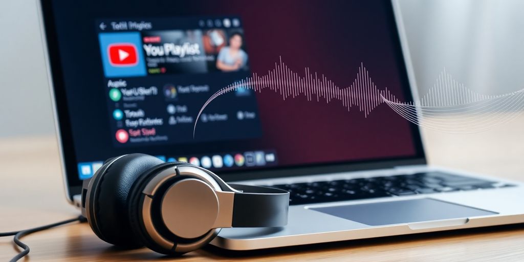 Laptop, headphones, music, audio waves, YouTube, MP3.