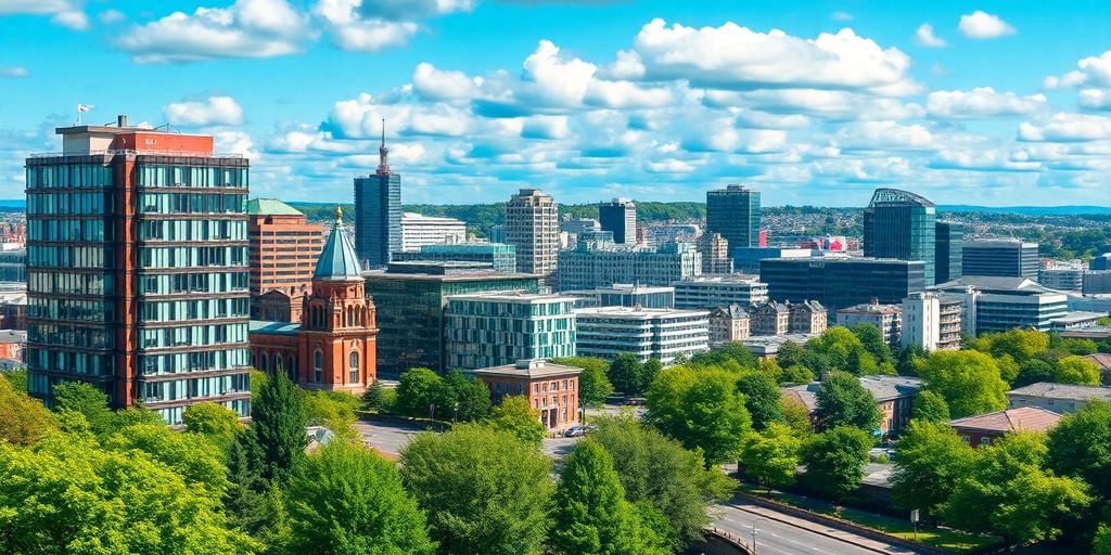 Freelance SEO - Glasgow cityscape with modern buildings and greenery.