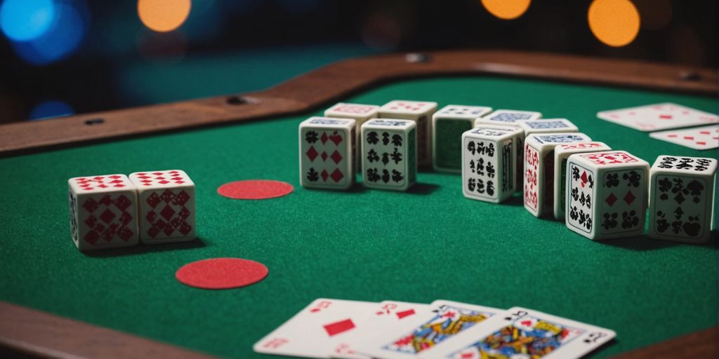 Fan-shaped arrangement of Poker Mahjong tiles on table.