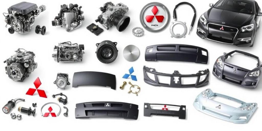 Mitsubishi car parts neatly arranged.