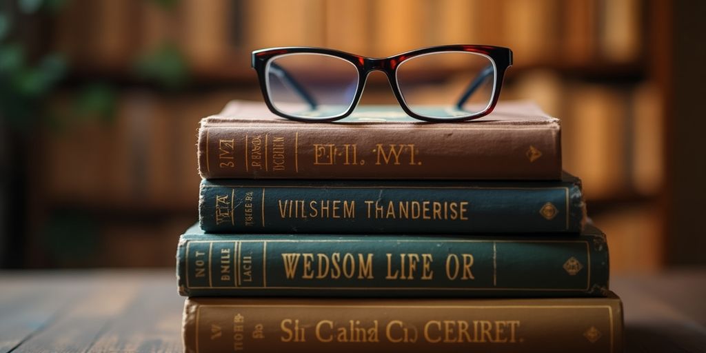 Stack of classic literature books with reading glasses.