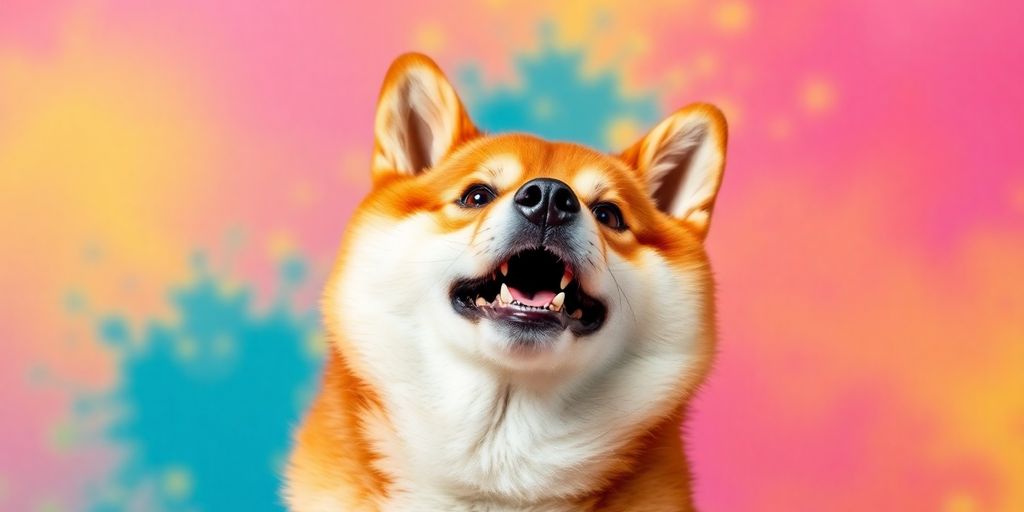 The Crazy Dogecoin History - From Meme to Market Cap Giant! 3 A playful Shiba Inu dog in a colorful background.