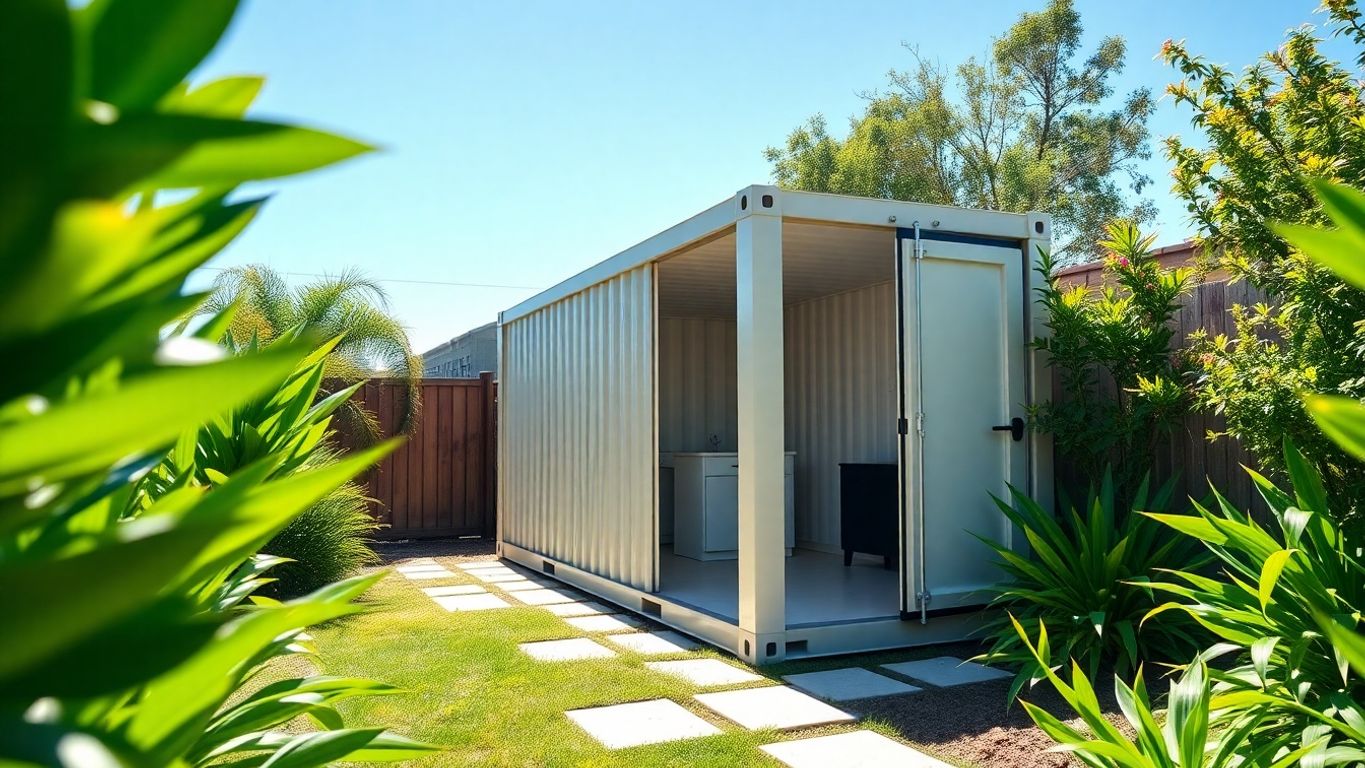 Shipping container in a sunny LA backyard.