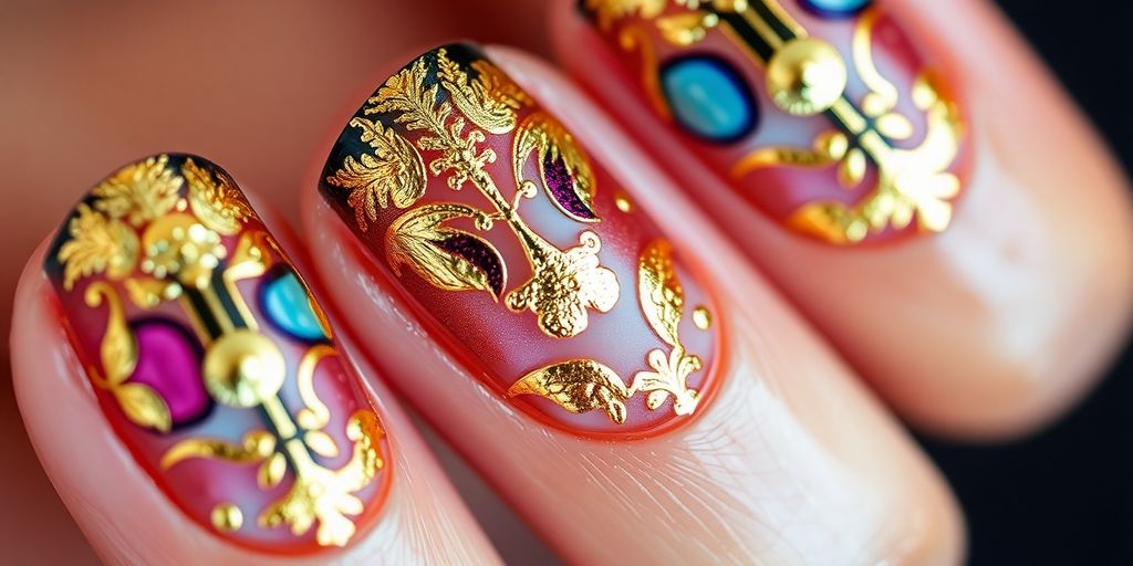 Unhas decoradas com folhas de ouro e designs elegantes.