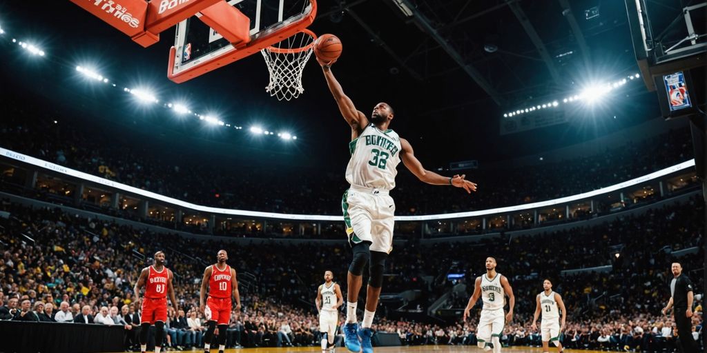 Player slam dunk in packed stadium