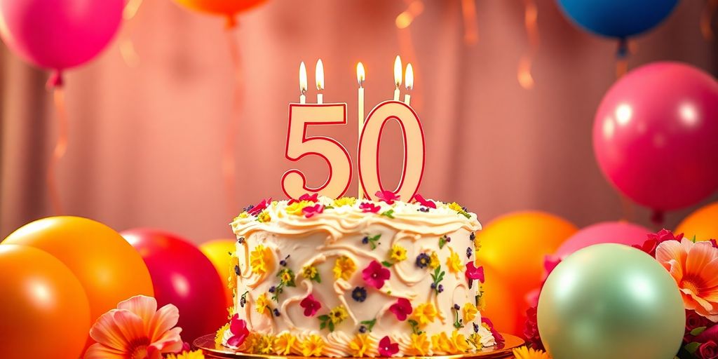 Ein wunderschöner Geburtstagskuchen mit 50 Kerzen.