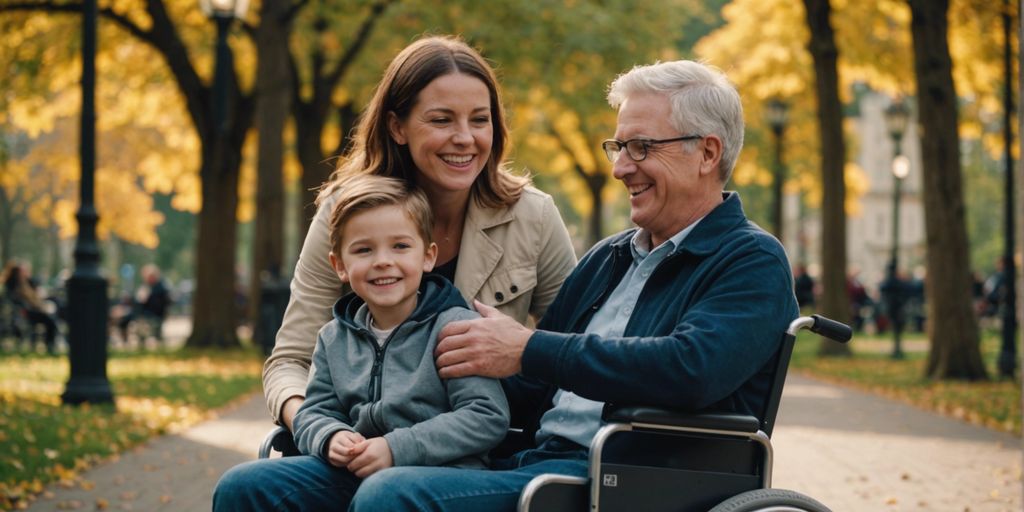 Happy child in a wheelchair with a caregiver in a park, illustrating the process of renting the ideal wheelchair.