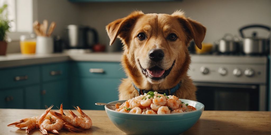 Happy dog sitting next to a bowl of shrimp with a question mark above its head, pondering if it's safe to eat.