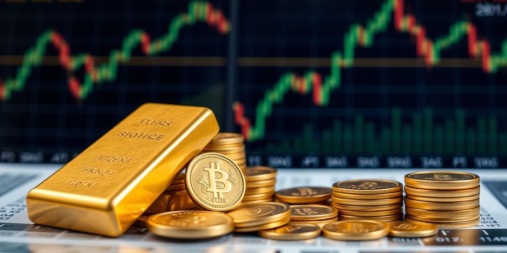 Portefeuille d'investissement avec de l'or et des graphiques.