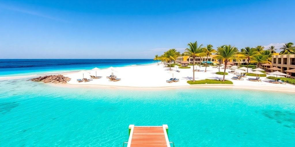 Luxury resort beach with pristine sand and turquoise water.