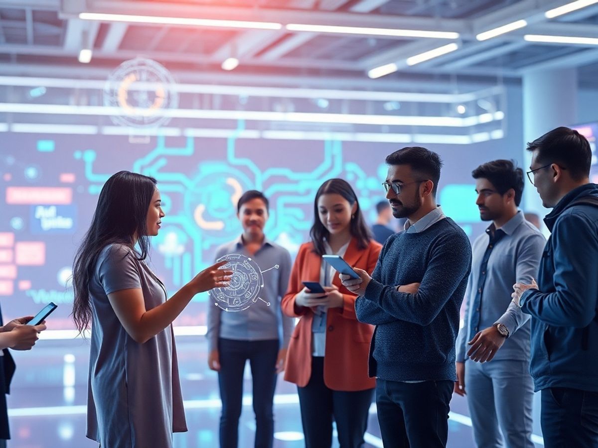People engaging with AI technology in a futuristic setting.