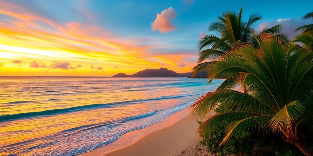 Coucher de soleil sur une plage à Tahiti avec des palmiers.