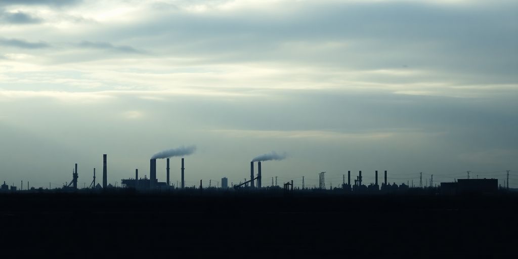 Paysage industriel sous un ciel couvert avec des cheminées d'usine.