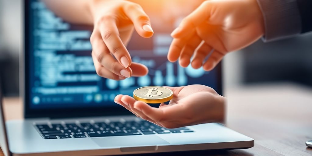 Two hands exchanging digital currency on a laptop screen.