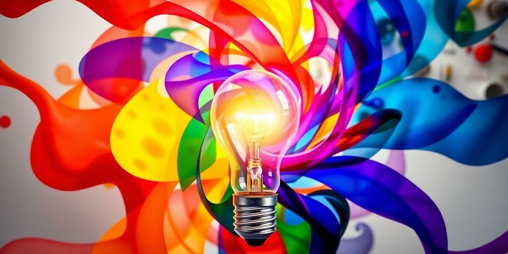 Abstract shapes combine to form a lightbulb idea.