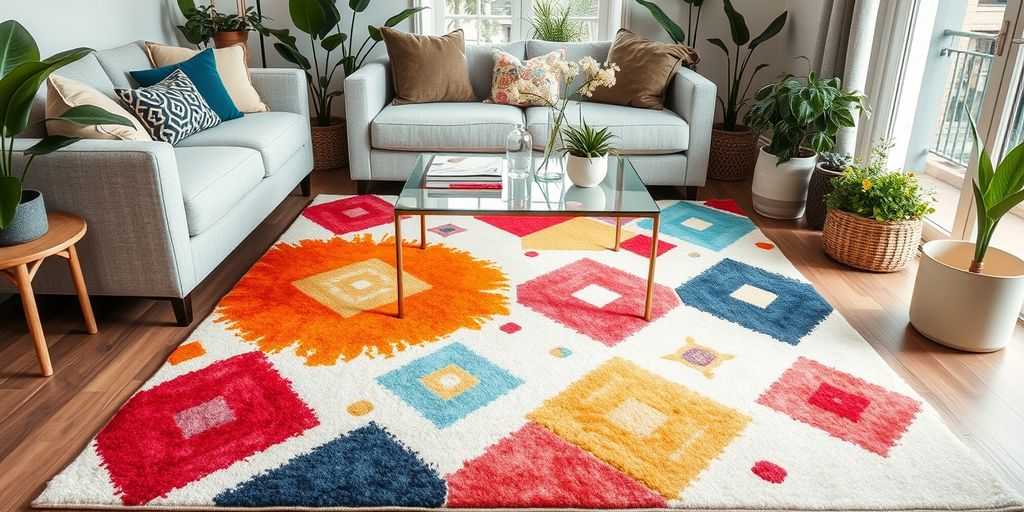 Hand-painted rug with geometric patterns in a cozy living room.