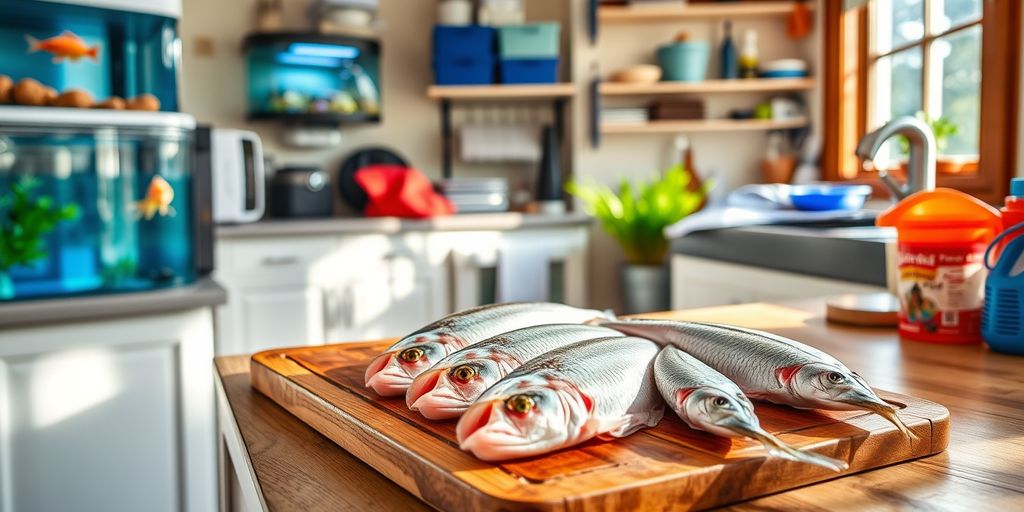Fresh fish on a cutting board in a kitchen.