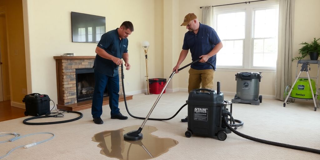 Technician vacuums water from a flooded living room.