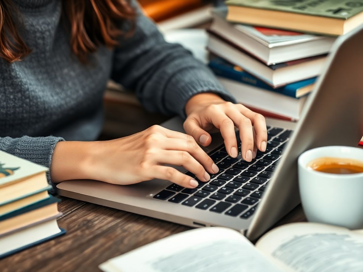 Person typing on a laptop with books around.