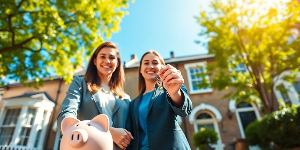 Happy couple with keys outside a UK terraced house.