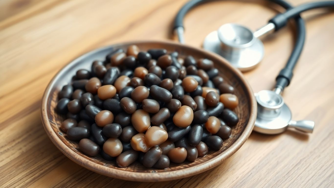 Natto beans with stethoscope on wooden table