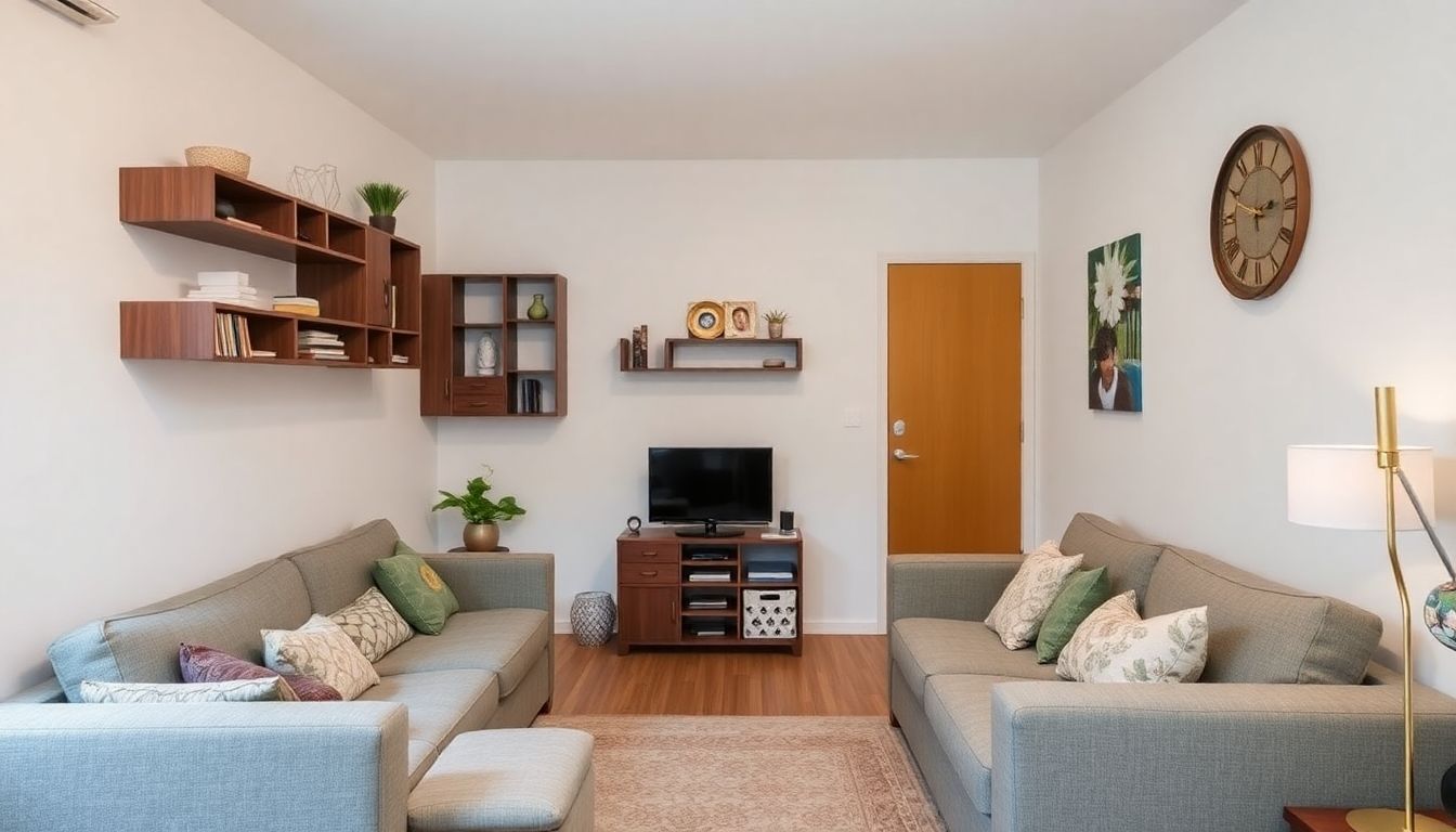 Compact living room with smart storage solutions.