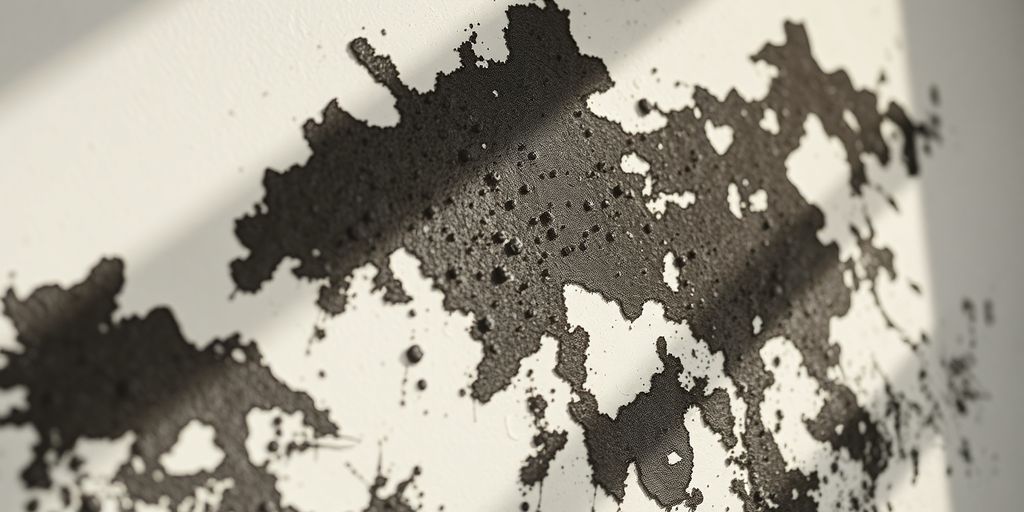 Close-up of mold growth on a wall in sunlight.