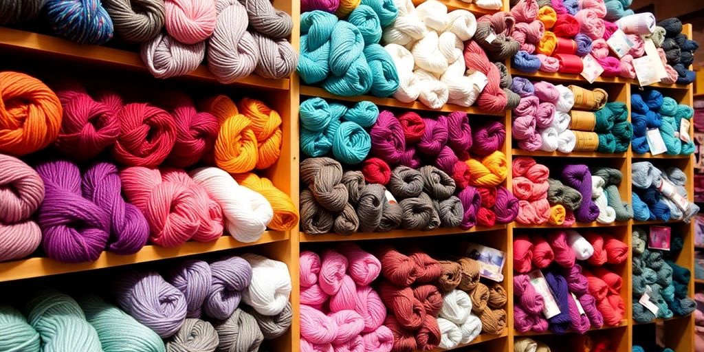 Colorful yarn skeins neatly arranged on shelves at Vibe Fibers.