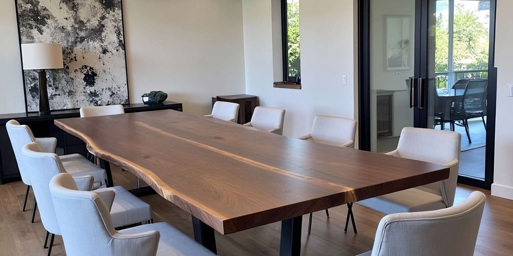 Modern conference room featuring a large wooden table and chairs.
