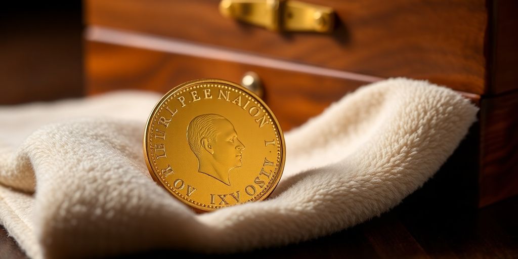 Une pièce de Napoléon en or sur un tissu.