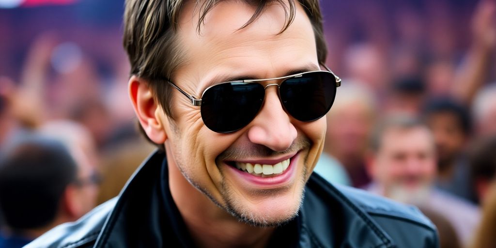 Bono smiling in sunglasses at a concert.