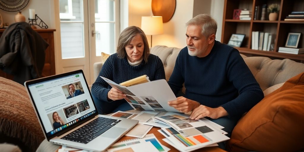 Homeowner researching remodeling contractors with materials and laptop.