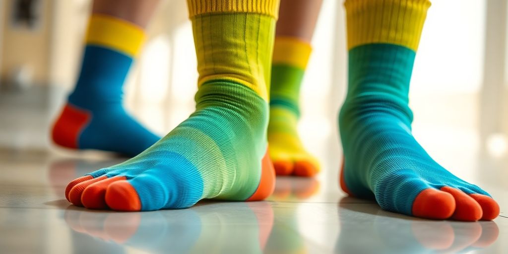 Close-up of colorful slip-resistant hospital socks.