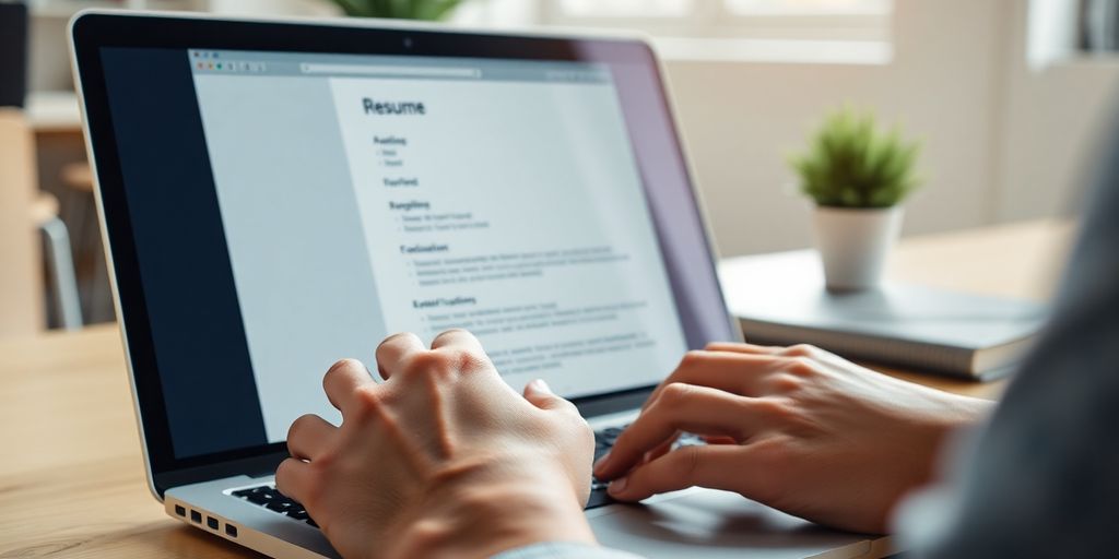 Laptop with resume on screen, person typing.